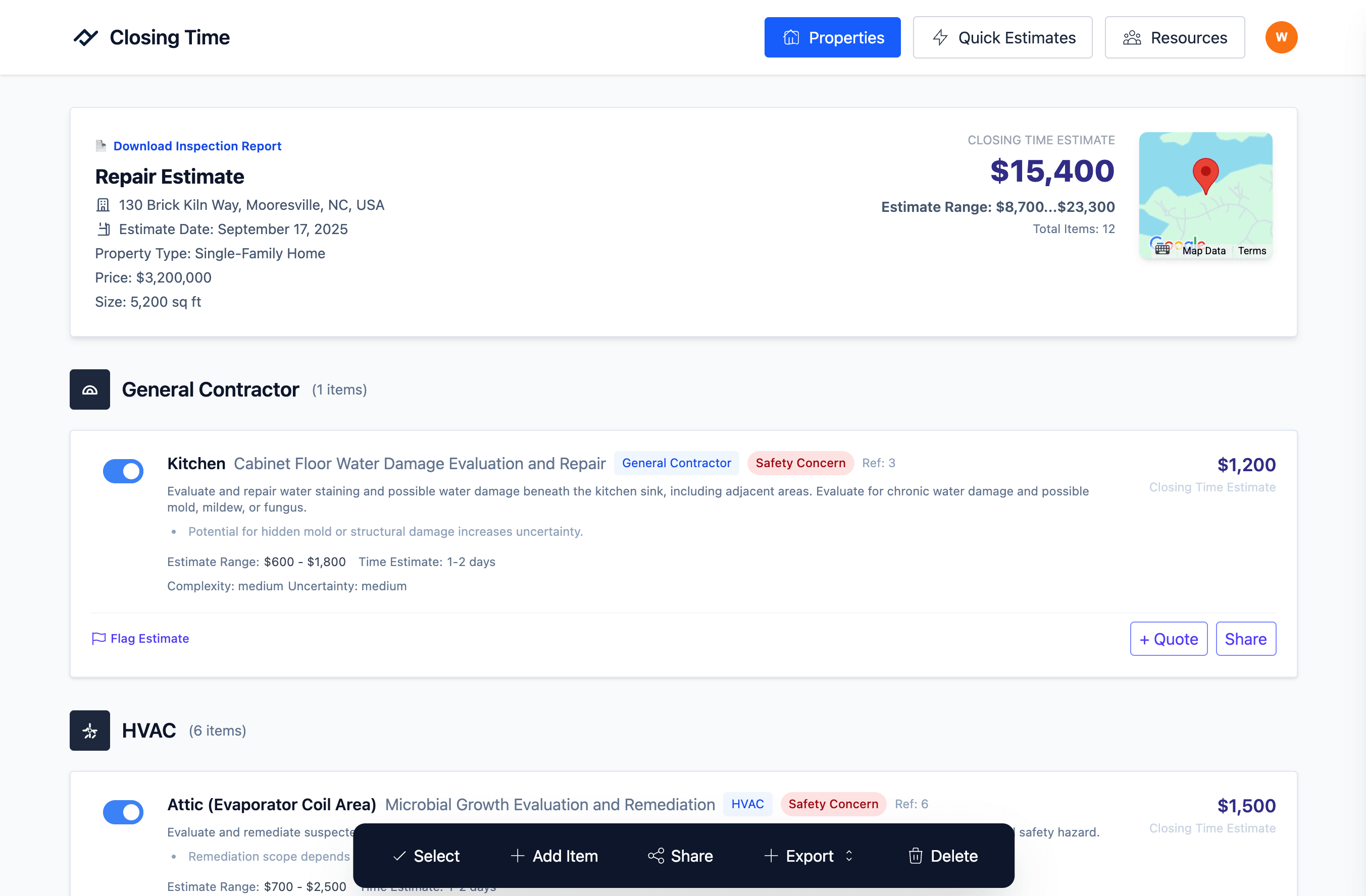 Inspection Report Cost Estimate Screen Shot